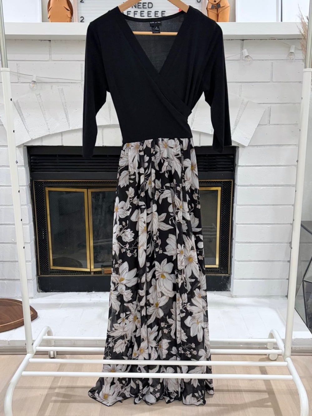 Kate and Lily Black Long Sleeve Tie-Waist Floral Bottom Maxi Dress